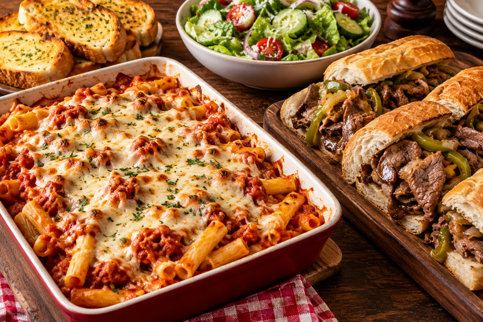 Illustrated Italian catering spread with pasta, sandwiches, salad and garlic bread
